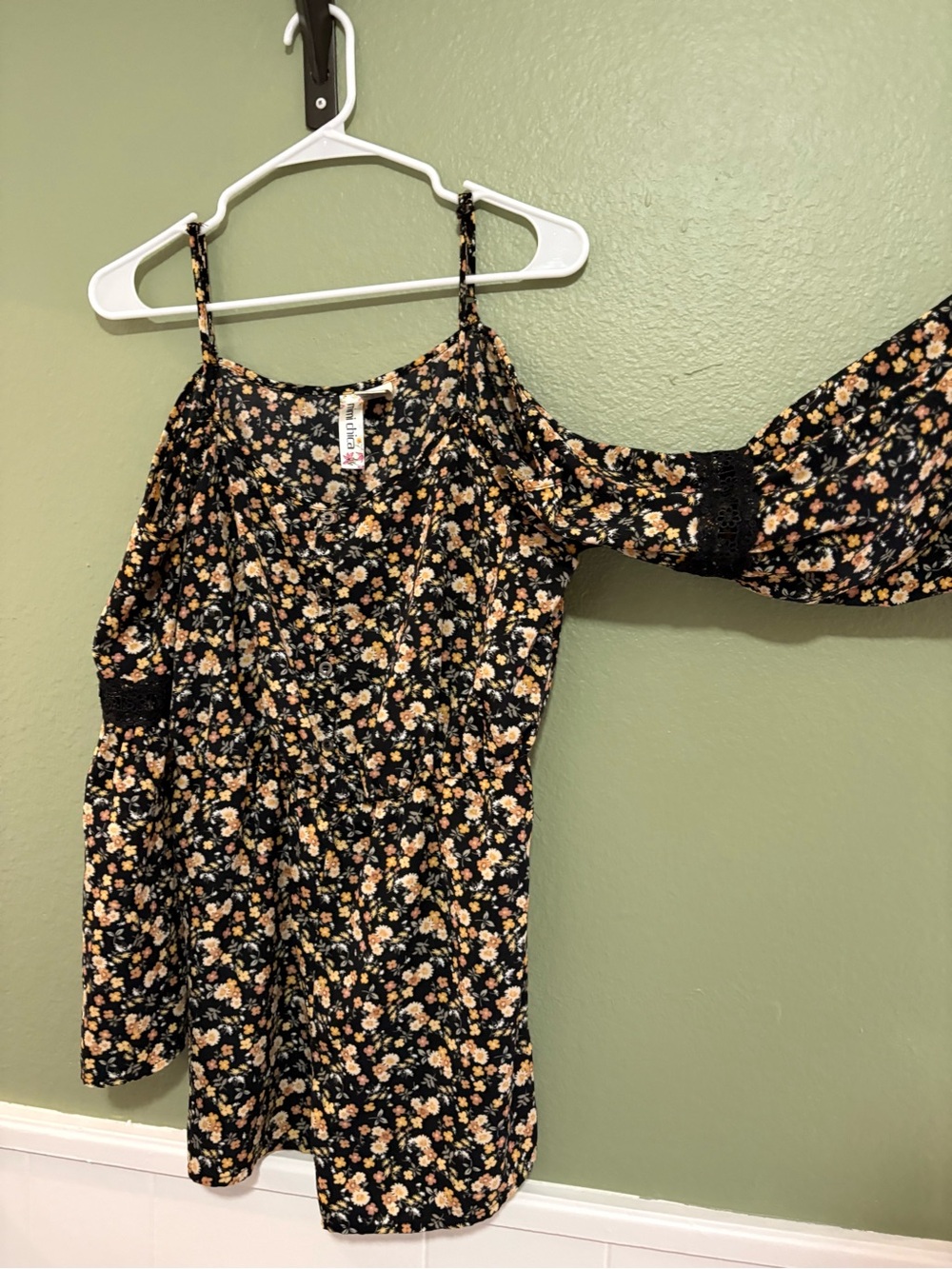 Mimi Chica Black Mini Dress with Peach & Cream Floral Print